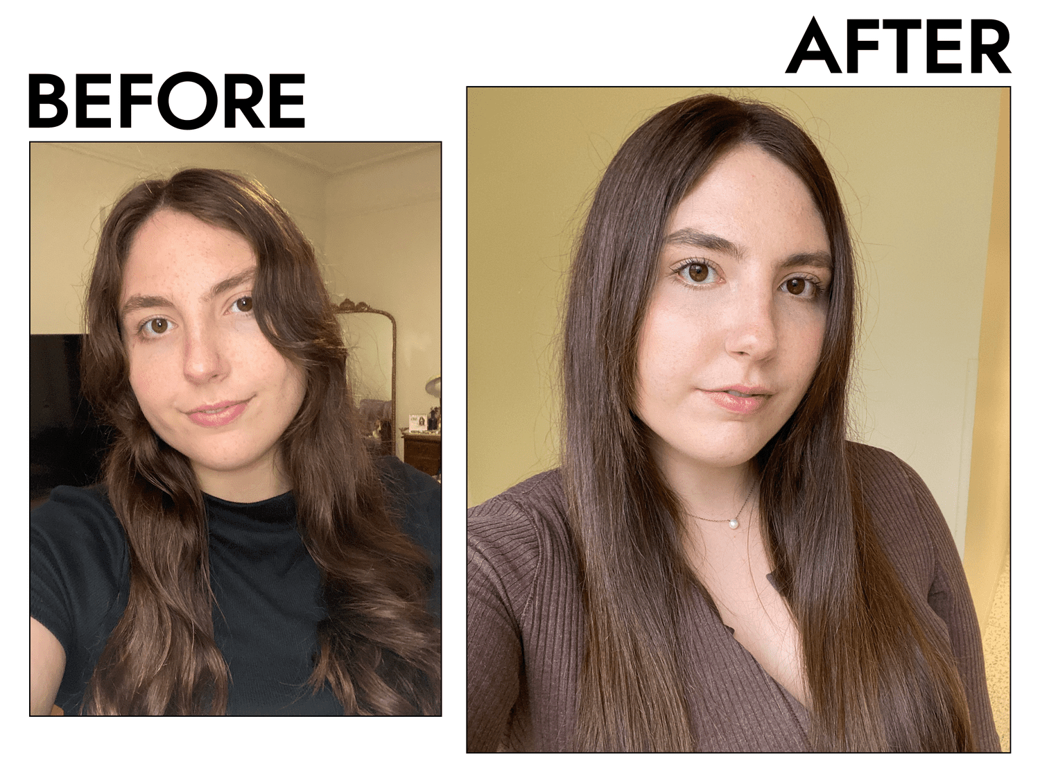 A collage of before and after photo of Byrdie editor Abby Dupes from using Shark's FlexFusion.