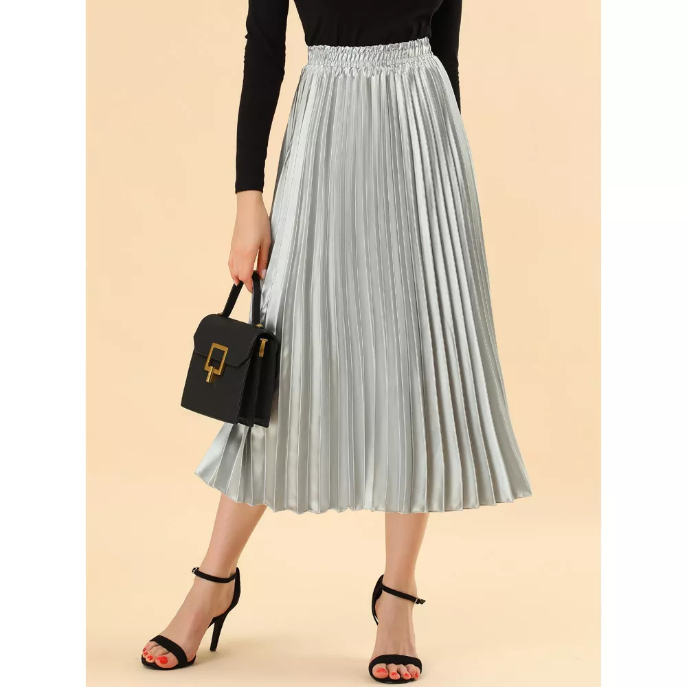 A gray pleated midi skirt with an elastic waist