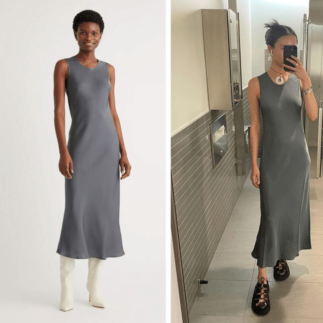 Two people wearing Quince's Washable Stretch Silk Tank Midi Dress in Lava Smoke