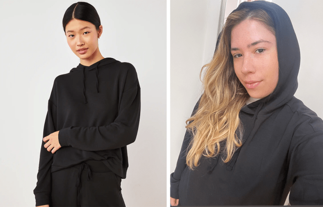 Left: Quince model wearing a black hoodie; Right: Maya wearing Quince's SuperSoft Fleece Pullover Hoodie in Black.