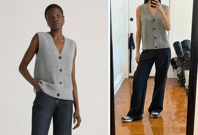 Left: Quince model wearing a heather grey fisherman sweater vest; Right: Katie wearing Quince's Fisherman Sweater Vest in Heather Grey.