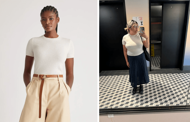 Left: Quince model wearing the Mongolian Cashmere Tee in Ivory; Right: Lea wearing Quince's Mongolian Cashmere Tee in Ivory.