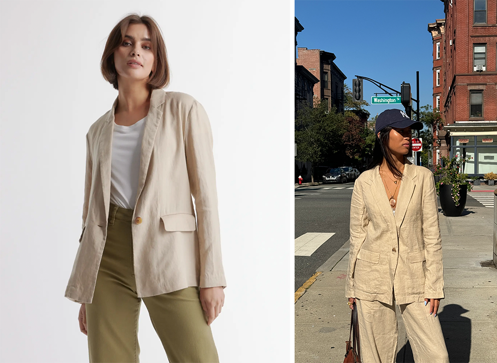 Left: Quince model wearing a natural-colored linen blazer and green pants; Right: Kaili wearing Quince's linen blazer in a natural color.