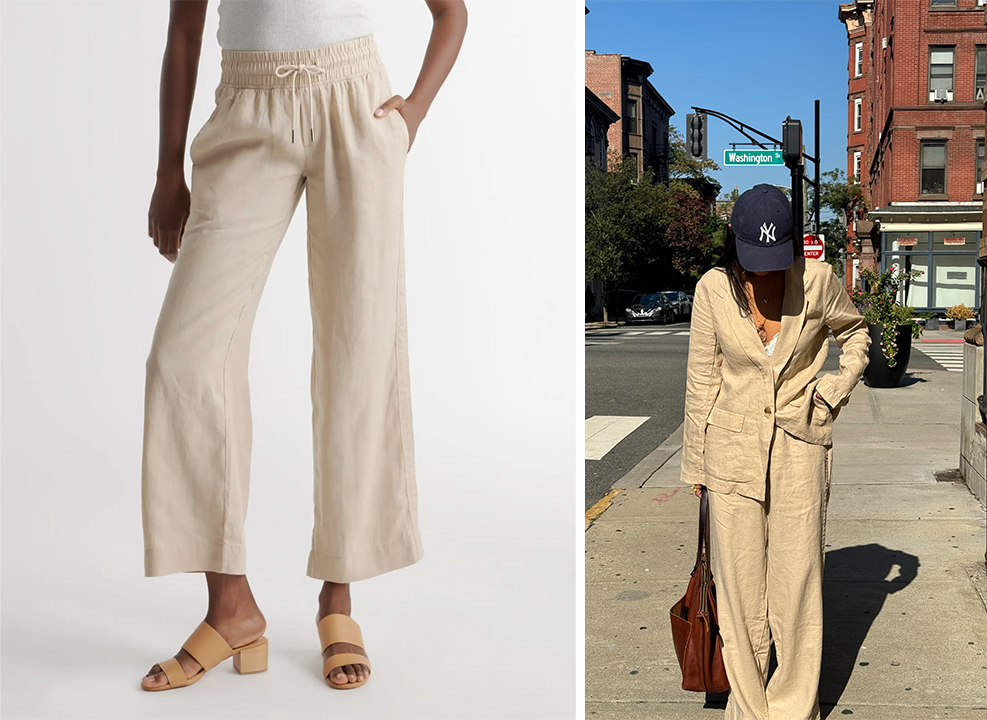 Left: Quince model wearing natural-colored linen pants; Right: Kaili wearing Quince's linen pants in a natural color.