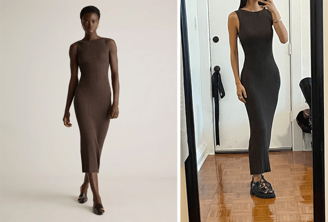 Left: Model wearing Quince's ribbed sleeveless midi dress in a mocha brown; Right: Katie wearing Quince's ribbed sleeveless midi dress in a mocha brown.