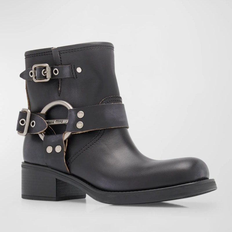 Miu Miu Leather Harness Buckle Biker Ankle Boots