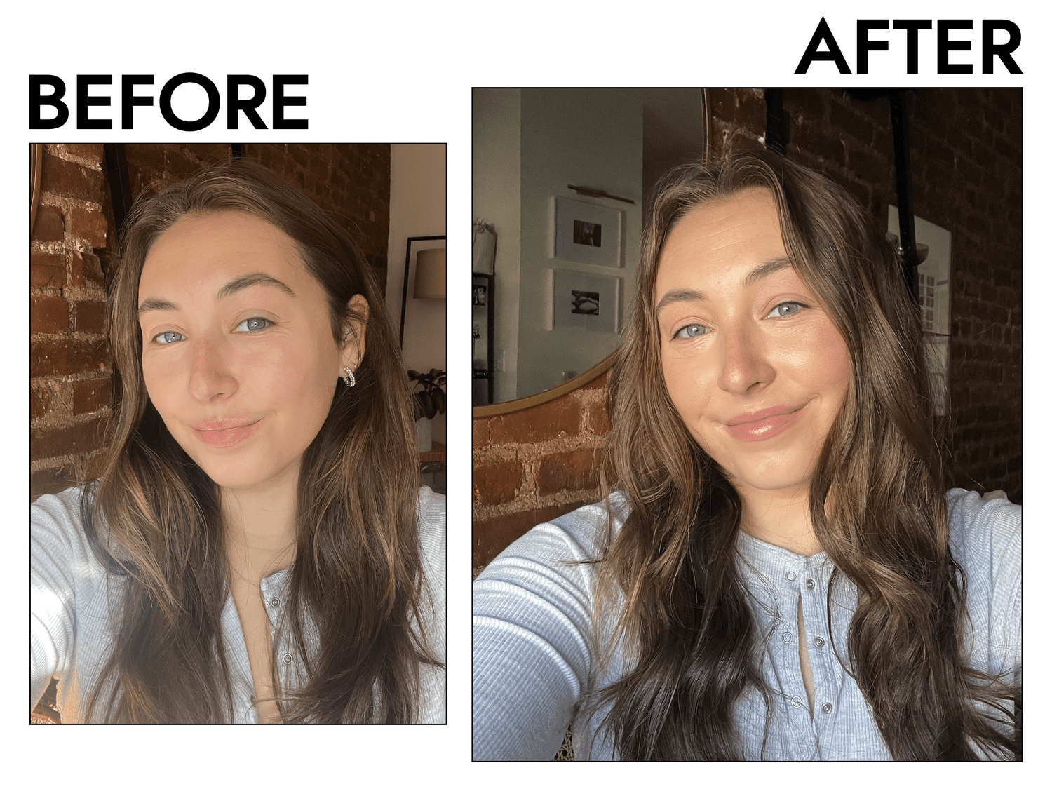 Two photos of a woman before and after curling her long brown hair