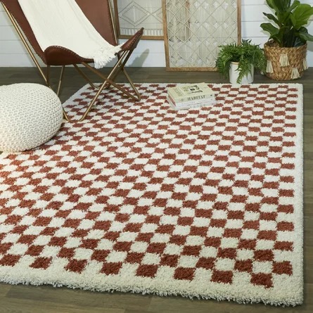 AllModern Walker Checkered Burnt Orange/Cream Shag Area Rug Wayfair