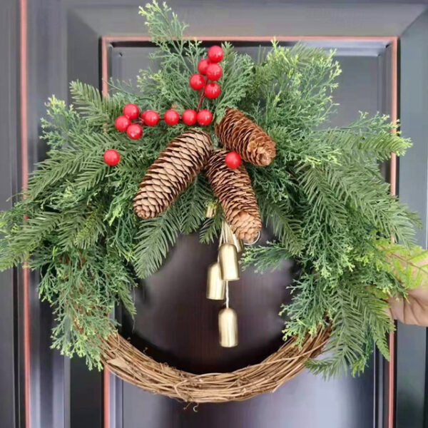 Christmas Wreath Boho Wreath, 17.7'' Artificial Golden Bell Wreath, Xmas Tree Front Door Hanging Garland, Handmade Pine Ring Grapevine Wreath, Celebra