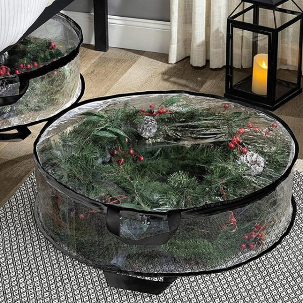 Christmas Wreath Storage Bag 24 Inch - Clear PVC Plastic for All View Durable Plastic Fabric Dual Zippered Bag for Holiday Artificial Christmas Wreath